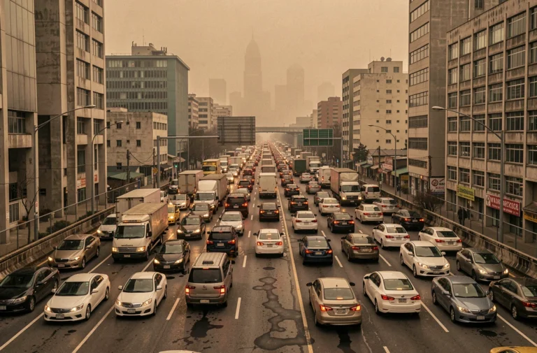 Embouteillage urbain dense avec smog visible au-dessus d'une autoroute illustrant la pollution automobile
