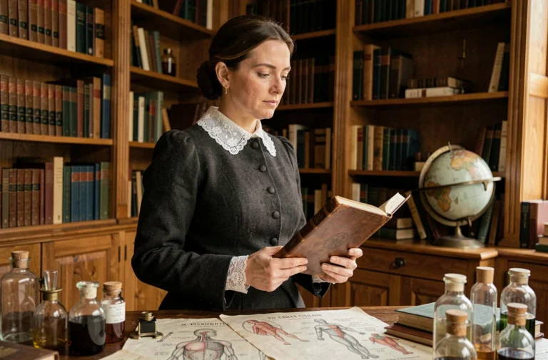 Portrait d'une femme médecin du XIXe siècle dans un bureau parisien avec des livres médicaux anciens