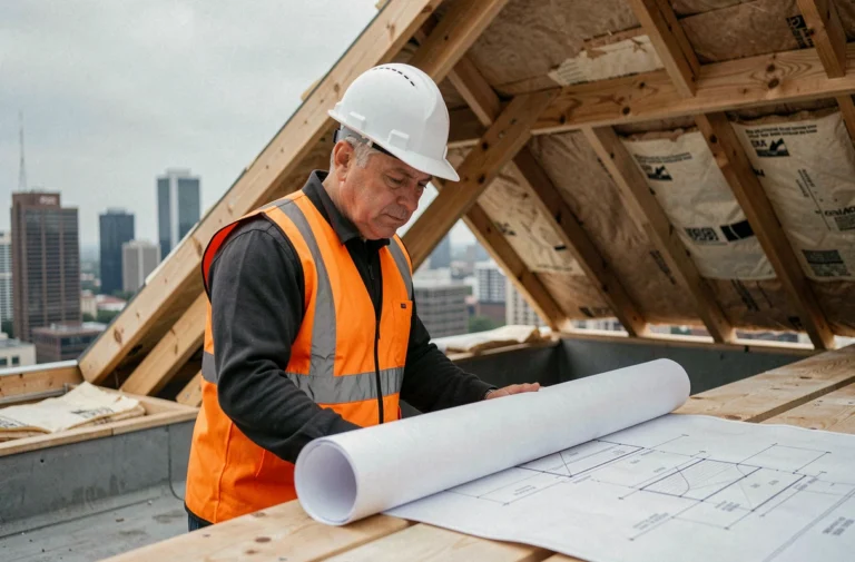 Professionnel du bâtiment inspectant des plans de toiture conforme BRoof t3 sur un chantier de construction