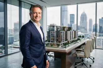 Promoteur immobilier devant une maquette architecturale dans une salle de réunion moderne avec vue sur la ville