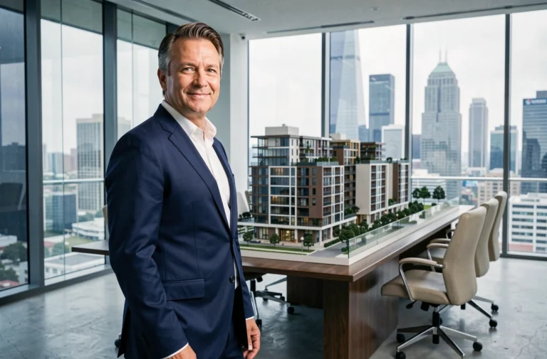 Promoteur immobilier devant une maquette architecturale dans une salle de réunion moderne avec vue sur la ville