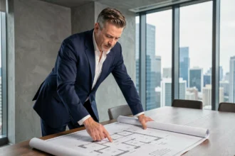 Promoteur immobilier professionnel examinant des plans architecturaux dans un bureau moderne avec vue sur la ville