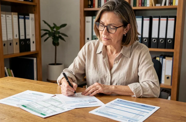 Femme propriétaire qui examine des documents fiscaux liés au régime micro-foncier à son bureau à domicile