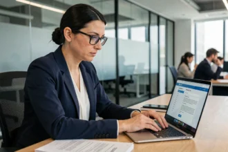 Femme professionnelle examinant une politique de confidentialité sur un ordinateur portable dans un bureau moderne, illustrant l'importance de la protection des données personnelles