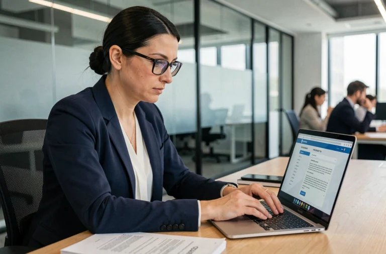 Femme professionnelle examinant une politique de confidentialité sur un ordinateur portable dans un bureau moderne, illustrant l'importance de la protection des données personnelles