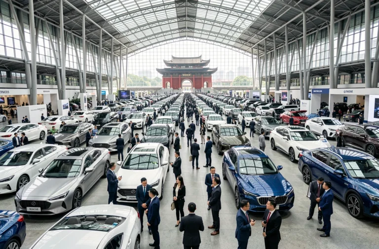 Salon automobile international de Shanghai avec des rangées de véhicules modernes exposés dans un hall en verre et acier
