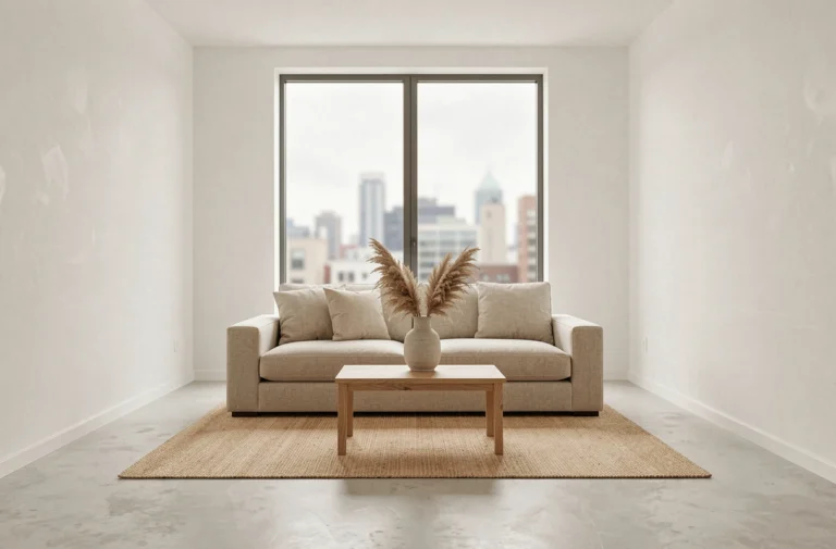 Salon minimaliste avec canapé en lin beige, table basse en chêne et vase céramique sur tapis en jute naturel