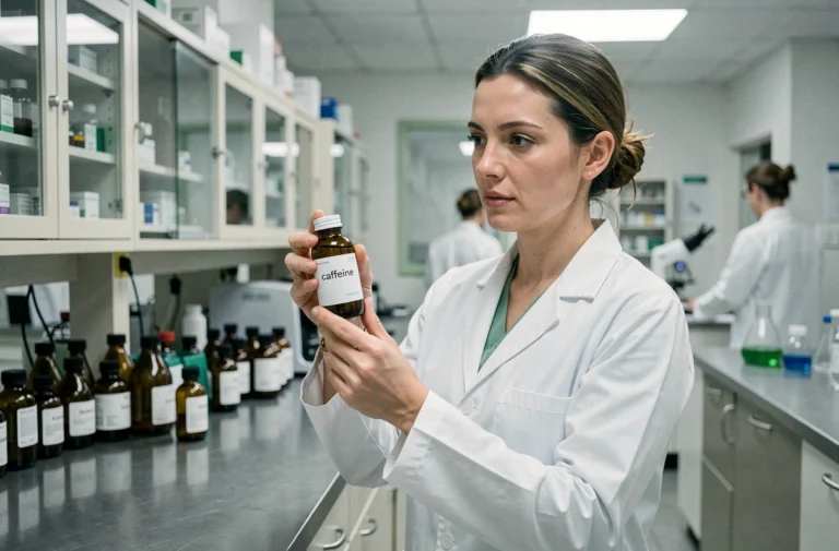 Scientifique analysant une bouteille de caféine dans un laboratoire pharmaceutique, symbolisant la réglementation FDA sur la caféine