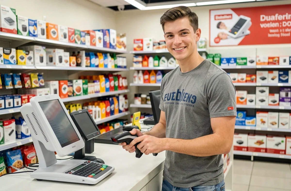Employé de Shop&Tout scannant un appareil électroménager à la caisse d'un magasin en Essonne