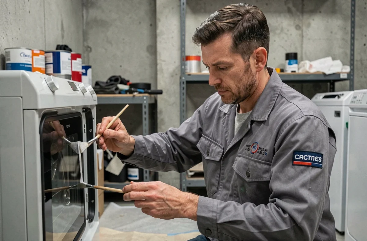 Technicien de Sp Peint appliquant de la peinture sur un panneau d'appareil électroménager