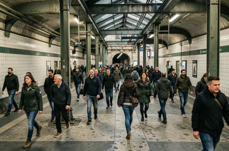 Couloirs bondés de la station de métro Châtelet-Les Halles à Paris avec des voyageurs en mouvement