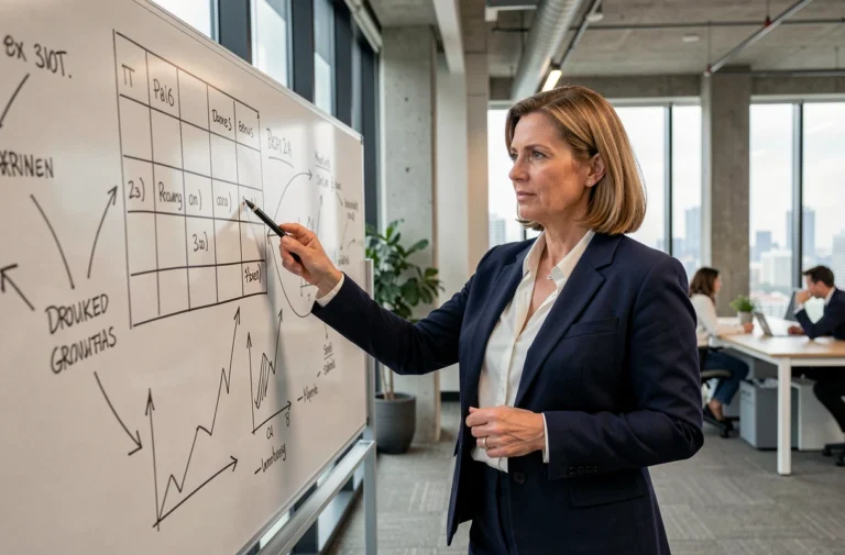 Femme d'affaires présentant des stratégies de croissance devant un tableau blanc dans un bureau moderne