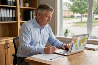 Homme d'affaires consultant des documents sur la taxe foncière internationale dans un bureau à domicile