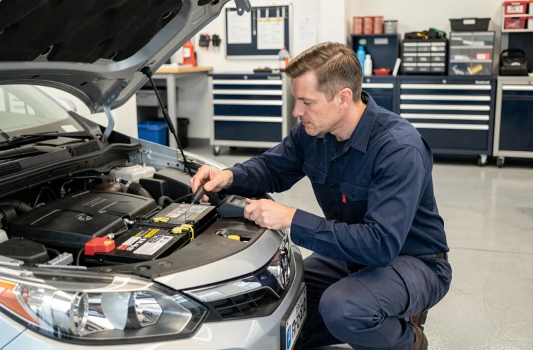 Technicien automobile inspectant la batterie d'un véhicule hybride dans un atelier de concession moderne