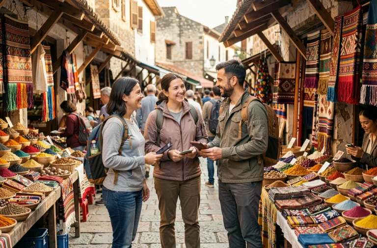 Touristes souriants échangeant avec un vendeur local dans un marché artisanal coloré, illustrant les bienfaits culturels du tourisme