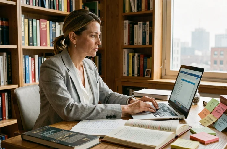 Traductrice professionnelle annotant un manuscrit bilingue à son bureau entouré de dictionnaires et de logiciels de traduction