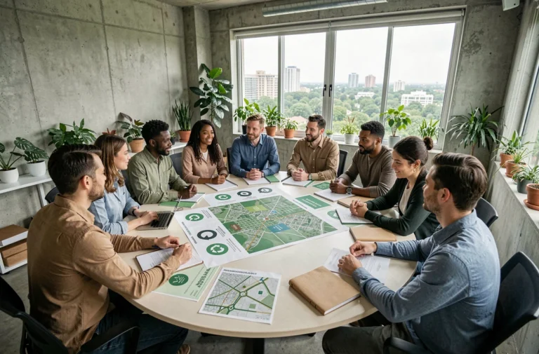 Groupe de professionnels diversifiés autour d'une table discutant des trois piliers du développement durable