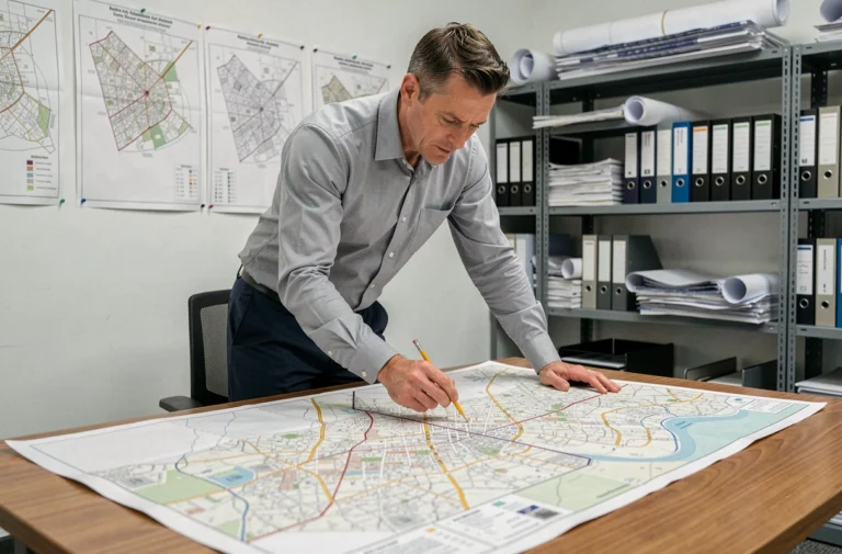 Urbaniste analysant une carte de délimitation de zone urbanisée dans un bureau de planification municipale