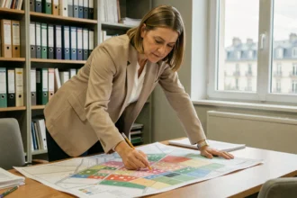 Urbaniste analysant un plan de zonage urbain coloré dans un bureau municipal