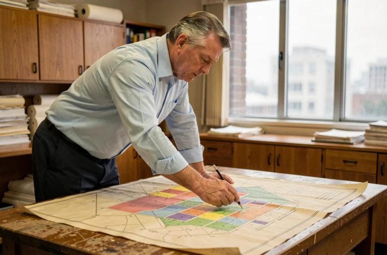Urbaniste étudiant un plan de zonage vintage dans un bureau municipal des années 1950