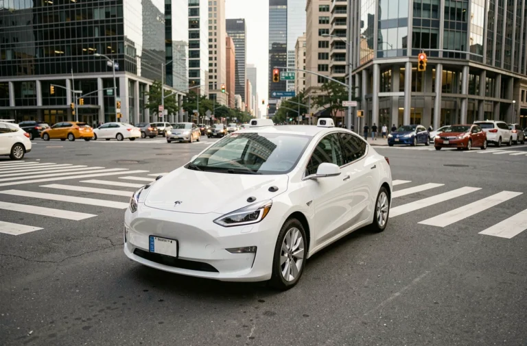 Véhicule autonome électrique naviguant dans une intersection urbaine moderne, illustrant les niveaux d'autonomie des voitures sans conducteur
