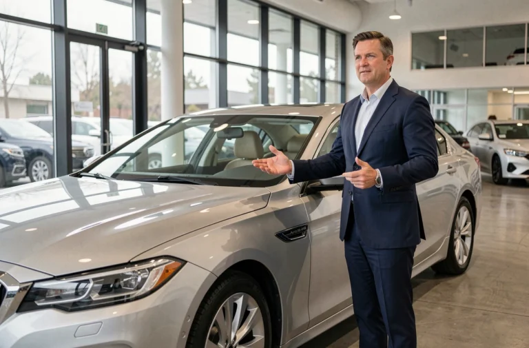Vendeur automobile en costume marine présentant une berline dans un showroom moderne
