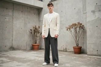 Personne portant une tenue androgyne avec blazer oversize et pantalon large dans une cour urbaine en béton
