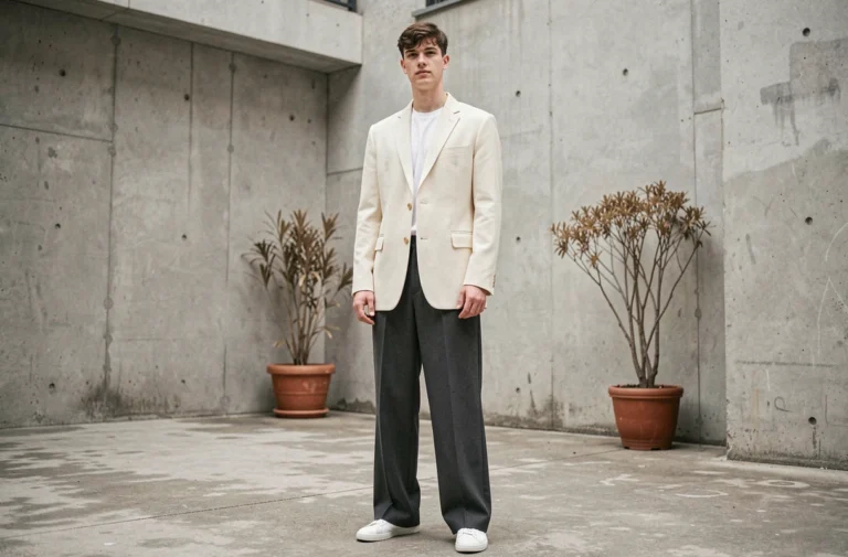 Personne portant une tenue androgyne avec blazer oversize et pantalon large dans une cour urbaine en béton