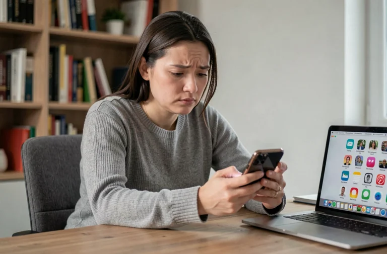 Femme inquiète consultant son smartphone face aux risques de confidentialité sur les réseaux sociaux