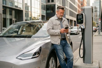 Homme appuyé contre une voiture électrique en train de se recharger dans une rue urbaine moderne
