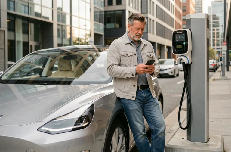 Homme appuyé contre une voiture électrique en train de se recharger dans une rue urbaine moderne